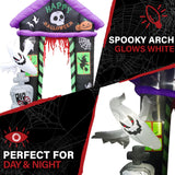 Haunted Hill Farm - 9-ft. Prelit Inflatable Haunted House Arch with Ghost, Tombstone, and Cauldron - Black