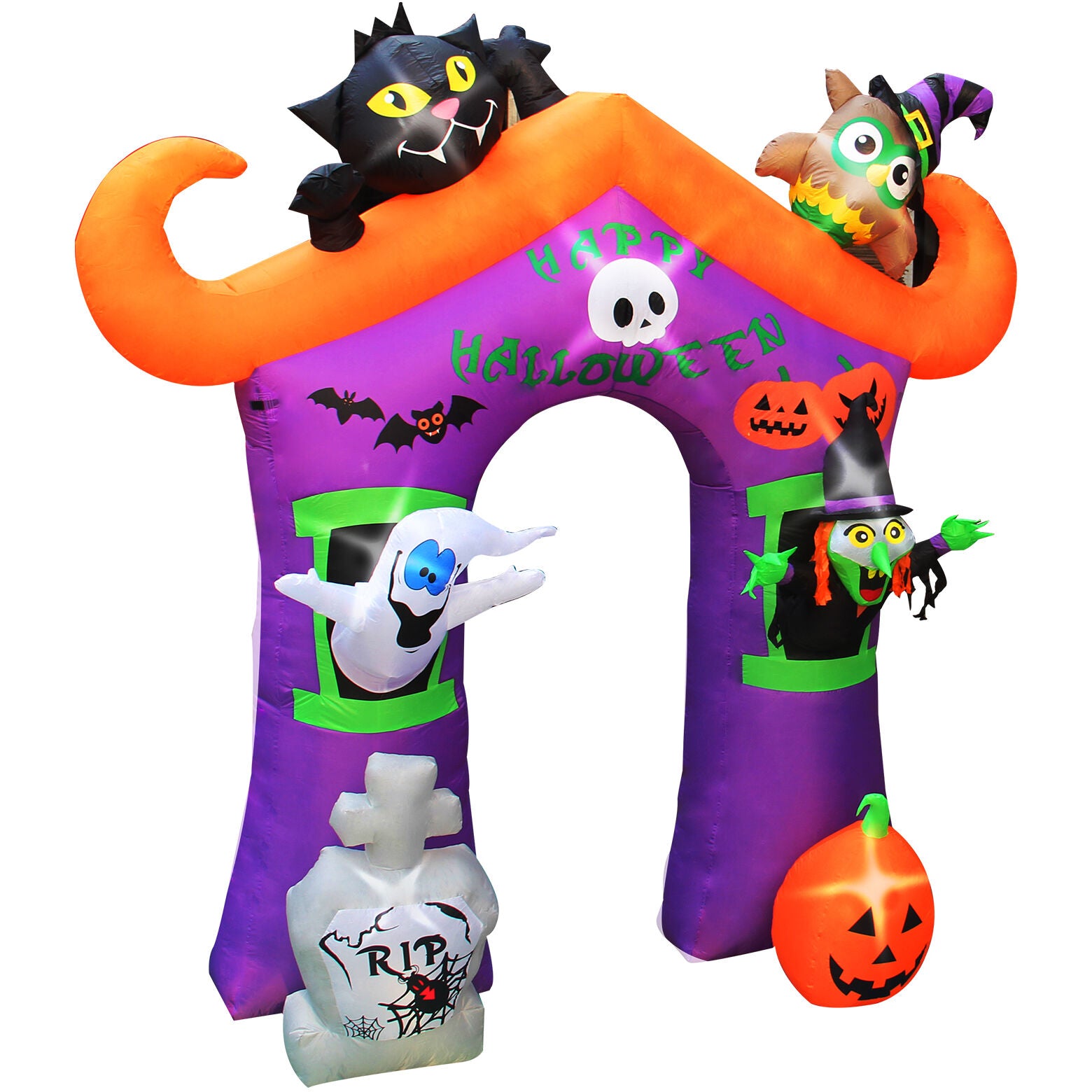 Haunted Hill Farm - 10.5-ft. Prelit Inflatable Haunted House Arch with Ghost, Witch, Black Cat - Black