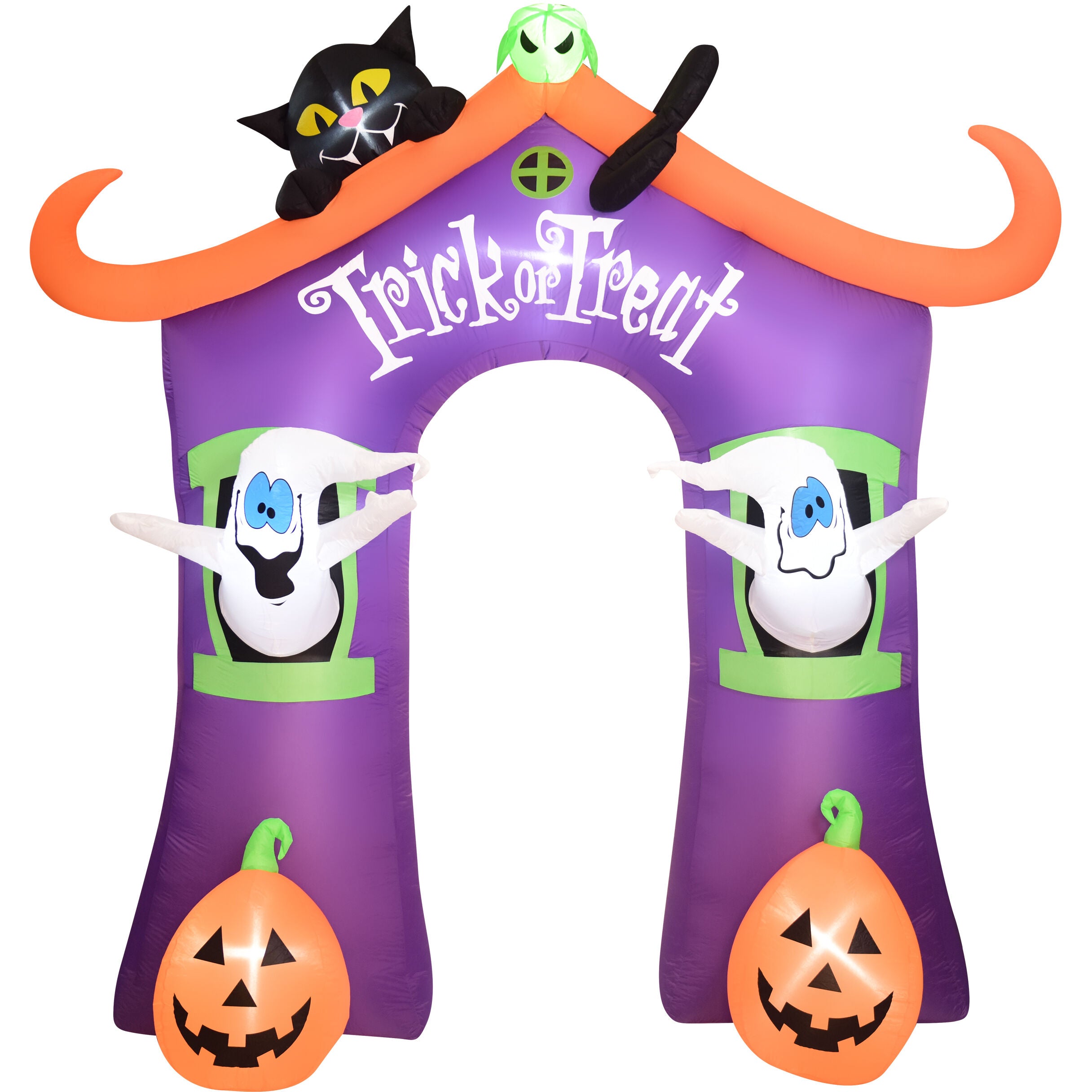 Haunted Hill Farm - 9-Ft. Inflatable Pre-Lit Trick or Treat Walkway Arch with Black Cat, Jack-O-Lantern, and Ghost - Purple