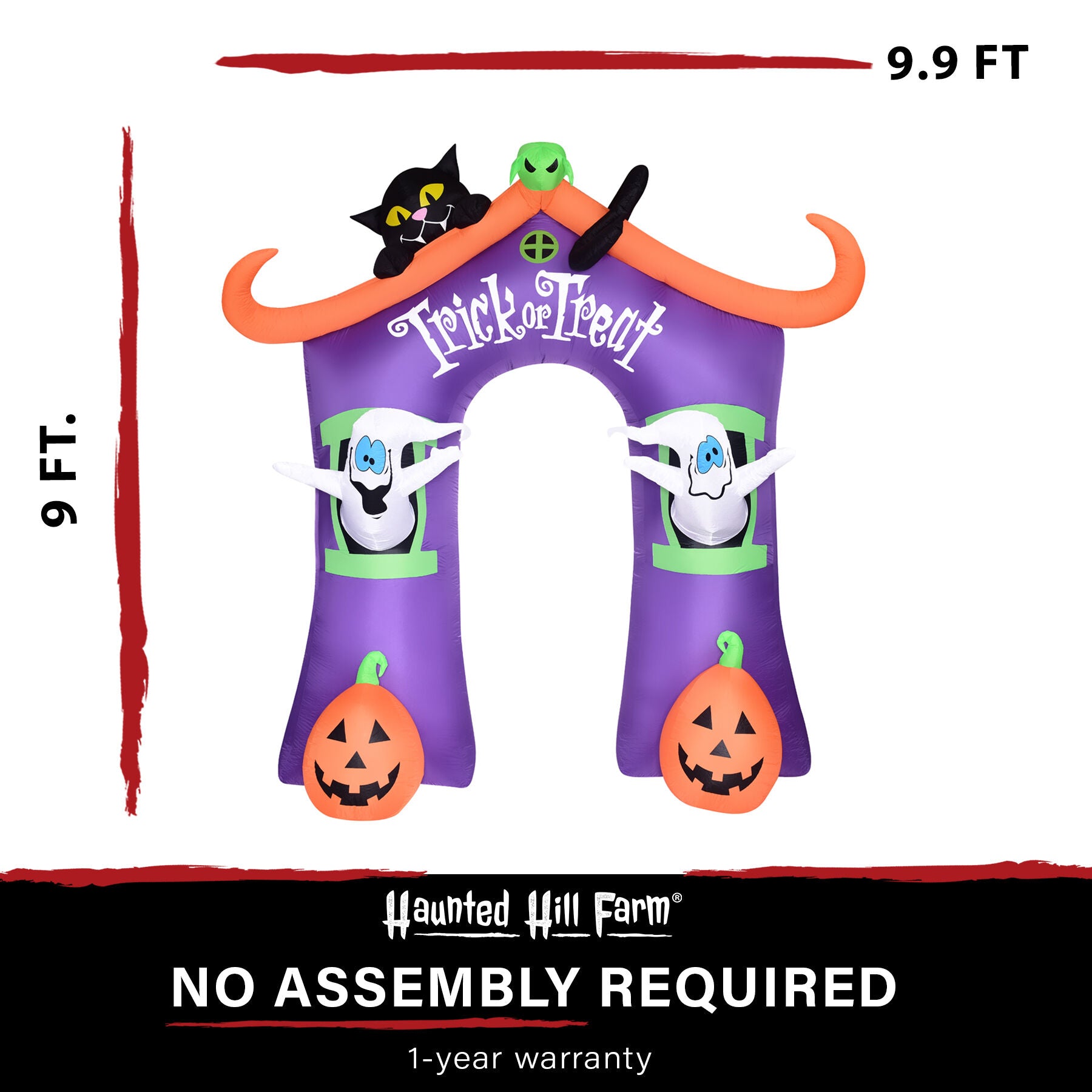 Haunted Hill Farm - 9-Ft. Inflatable Pre-Lit Trick or Treat Walkway Arch with Black Cat, Jack-O-Lantern, and Ghost - Purple