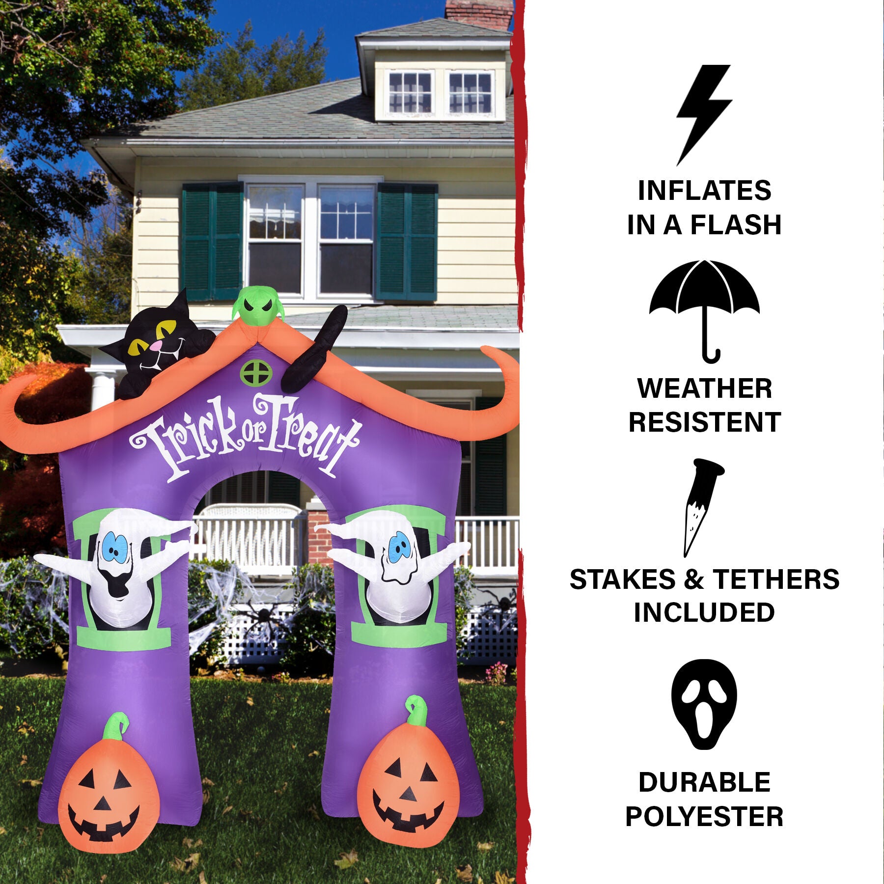 Haunted Hill Farm - 9-Ft. Inflatable Pre-Lit Trick or Treat Walkway Arch with Black Cat, Jack-O-Lantern, and Ghost - Purple