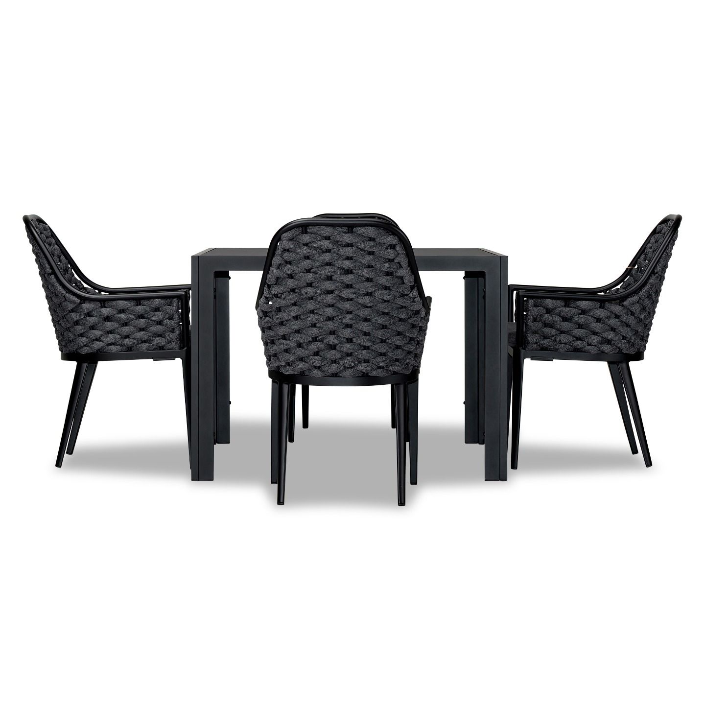 Harmonia Living - Parlor 5 Piece Dining Set - Black | 1 Staple 4-Seater Square Dining Table - Black | 4 Parlor Dining Arm Chairs - Black | Fabric Sunbrella | HL-PAR-BK-5DS