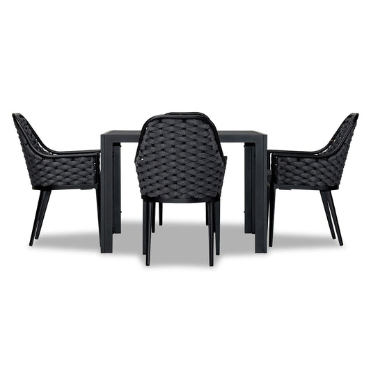 Harmonia Living - Parlor 5 Piece Dining Set - Black | 1 Staple 4-Seater Square Dining Table - Black | 4 Parlor Dining Arm Chairs - Black | Fabric Sunbrella | HL-PAR-BK-5DS