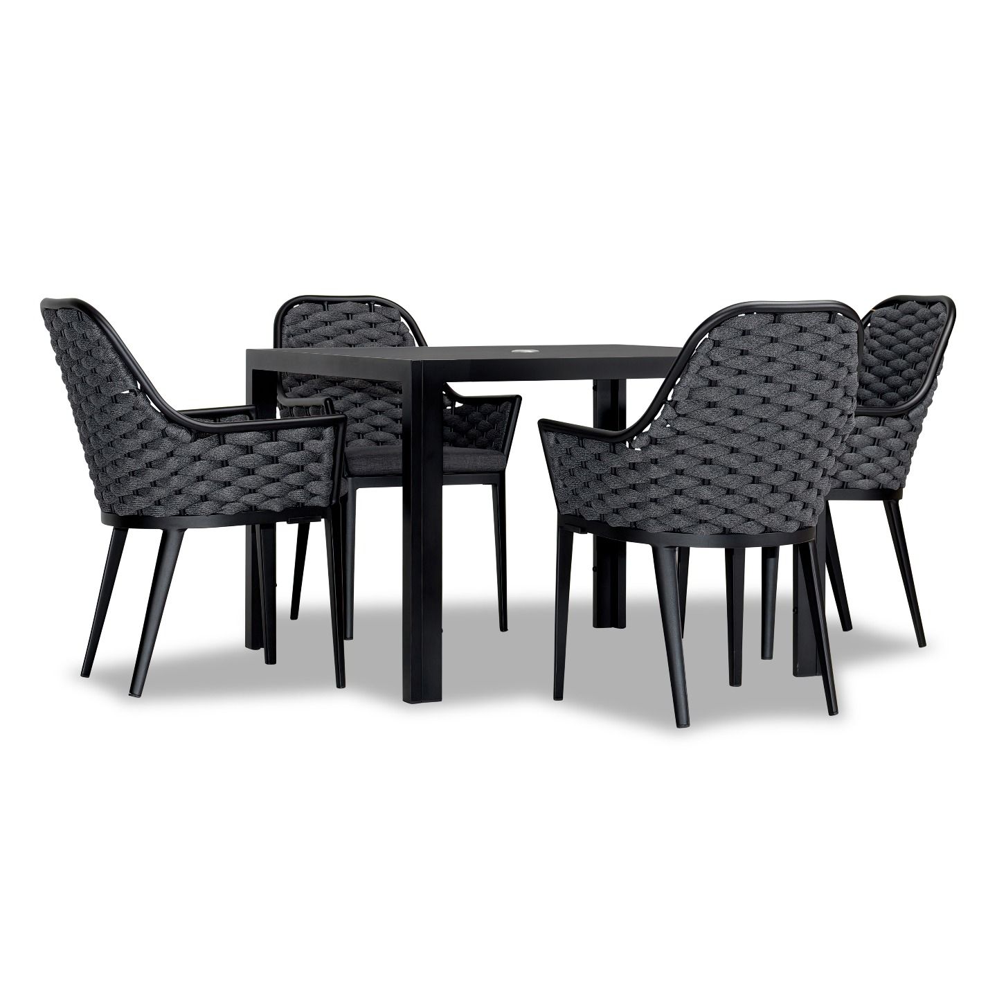 Harmonia Living - Parlor 5 Piece Dining Set - Black | 1 Staple 4-Seater Square Dining Table - Black | 4 Parlor Dining Arm Chairs - Black | Fabric Sunbrella | HL-PAR-BK-5DS