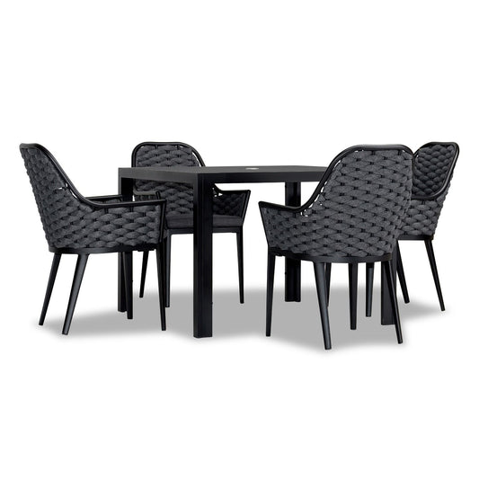 Harmonia Living - Parlor 5 Piece Dining Set - Black | 1 Staple 4-Seater Square Dining Table - Black | 4 Parlor Dining Arm Chairs - Black | Fabric Sunbrella | HL-PAR-BK-5DS