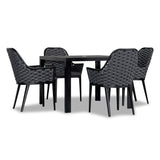 Harmonia Living - Parlor 5 Piece Dining Set - Black | 1 Staple 4-Seater Square Dining Table - Black | 4 Parlor Dining Arm Chairs - Black | Fabric Sunbrella | HL-PAR-BK-5DS