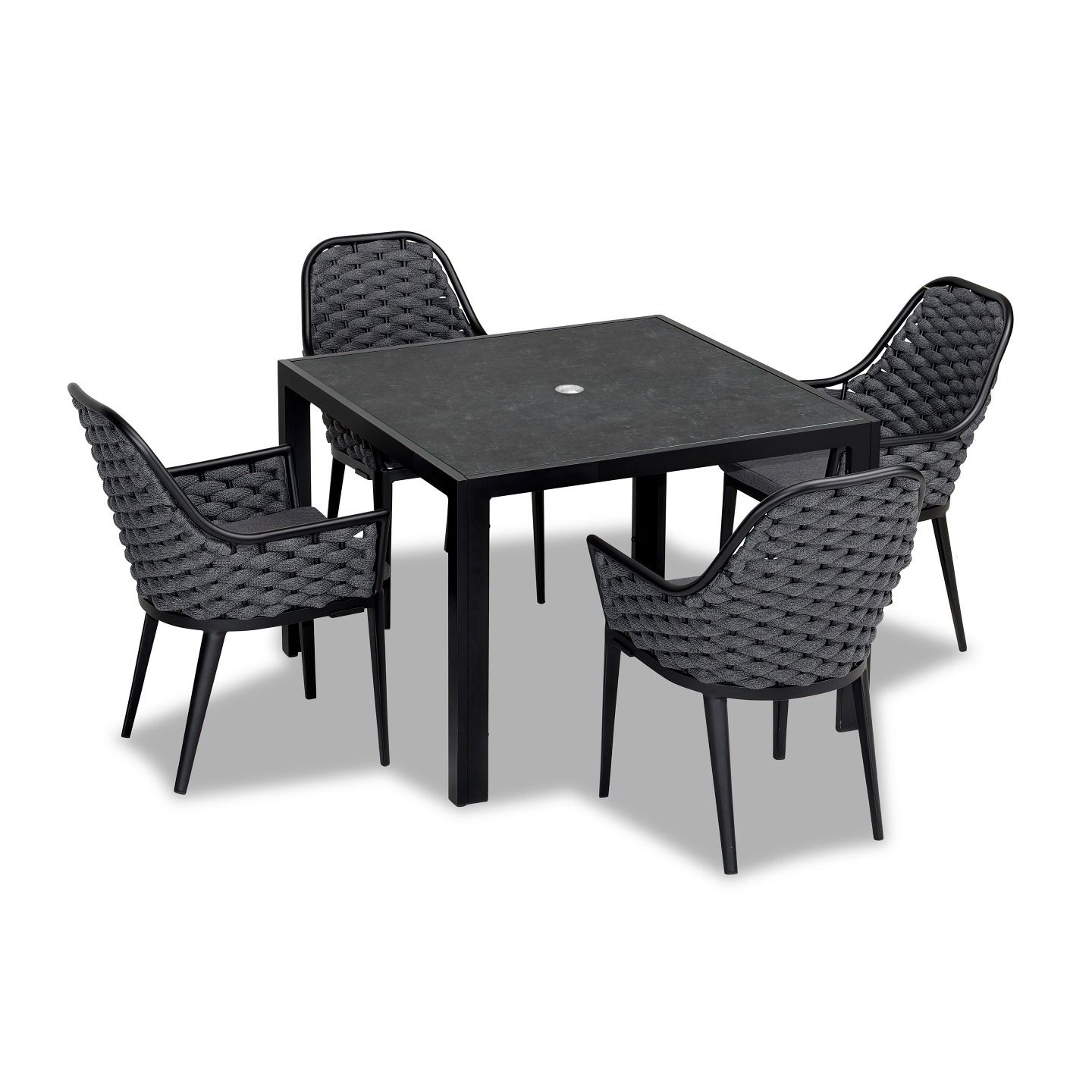Harmonia Living - Parlor 5 Piece Dining Set - Black | 1 Staple 4-Seater Square Dining Table - Black | 4 Parlor Dining Arm Chairs - Black | Fabric Sunbrella | HL-PAR-BK-5DS