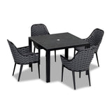 Harmonia Living - Parlor 5 Piece Dining Set - Black | 1 Staple 4-Seater Square Dining Table - Black | 4 Parlor Dining Arm Chairs - Black | Fabric Sunbrella | HL-PAR-BK-5DS