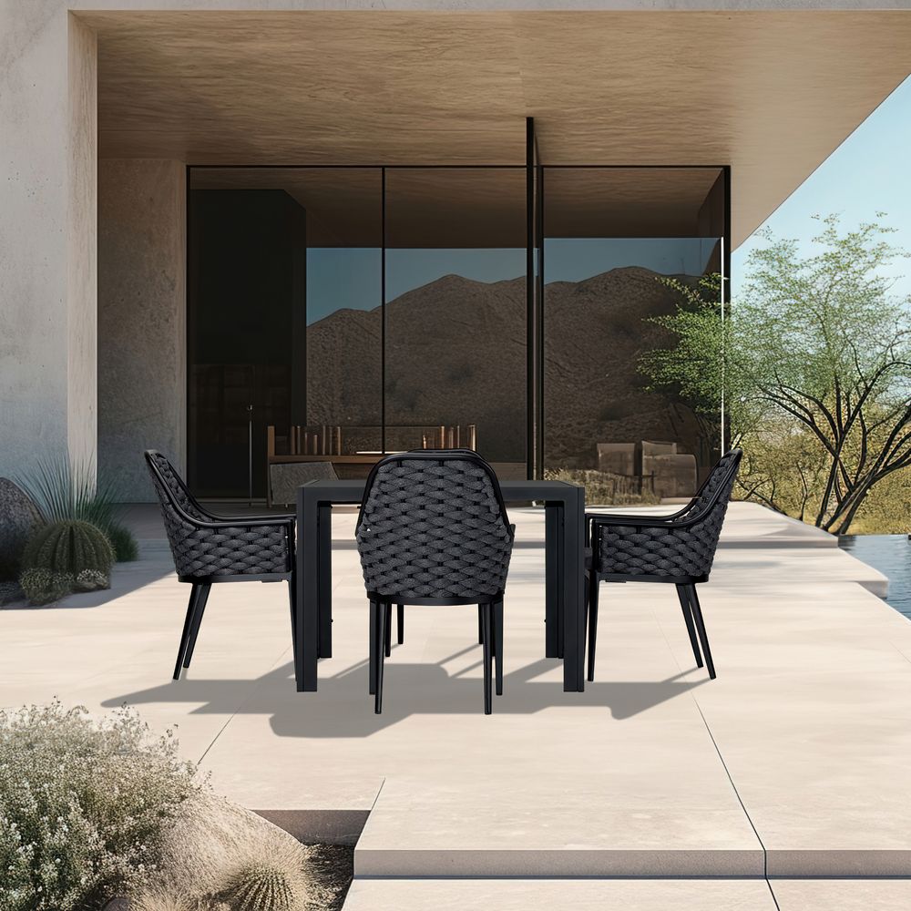 Harmonia Living - Parlor 5 Piece Dining Set - Black | 1 Staple 4-Seater Square Dining Table - Black | 4 Parlor Dining Arm Chairs - Black | Fabric Sunbrella | HL-PAR-BK-5DS