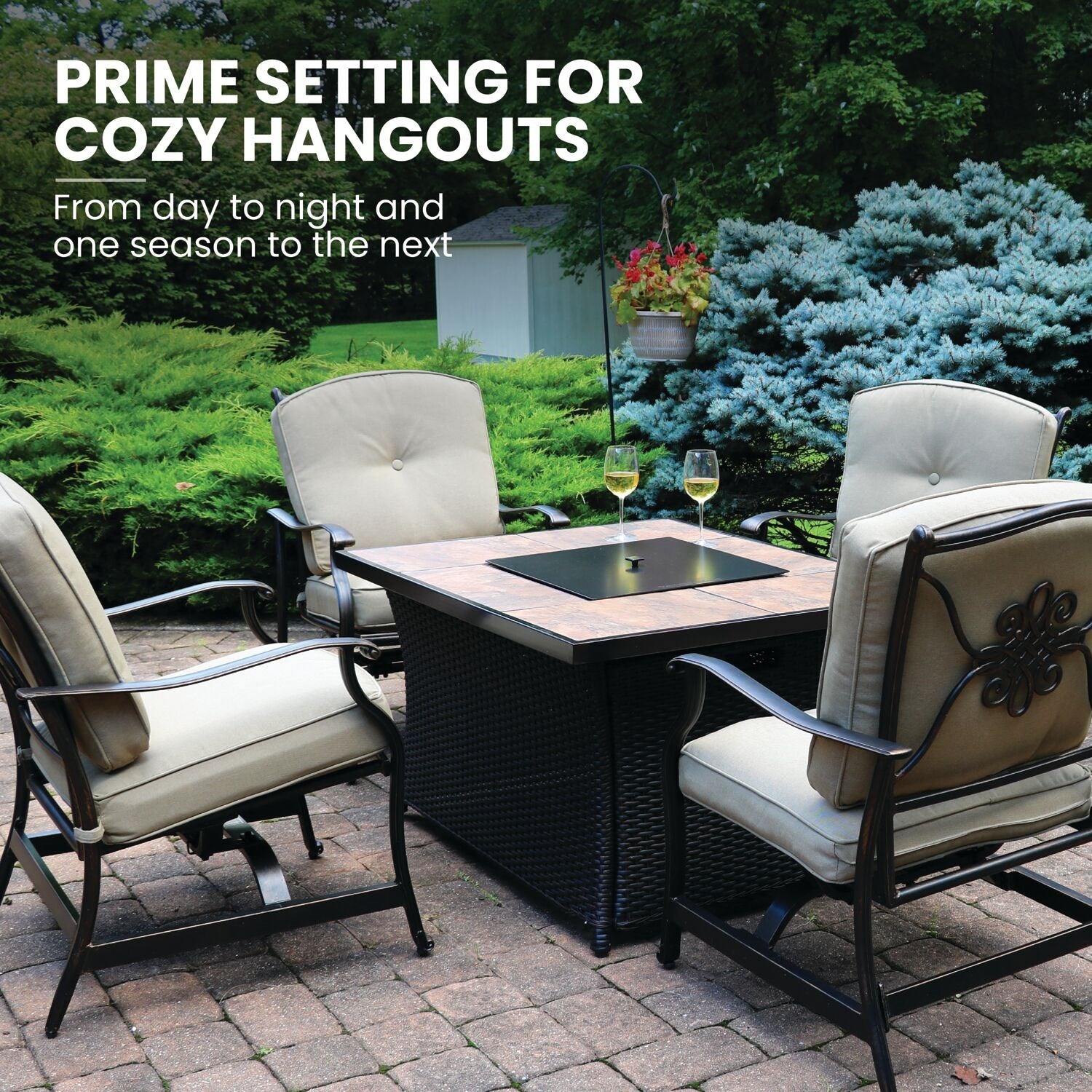 Hanover - Traditions 5 piece: 4 Deep Seating Rockers and Woven Fire Pit with Tile Top - TRAD5PCWVFP-TL