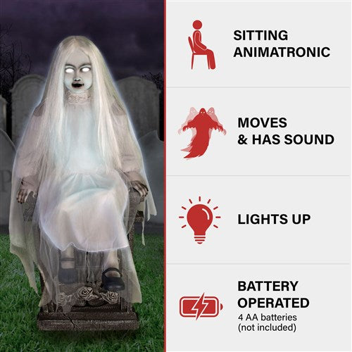 Haunted Hill Farm - Motion-Activated Sitting Tombstone Girl by Tekky, Premium Talking Halloween Animatronic, Plug-In or Battery