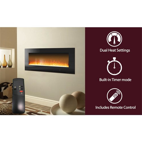 Cambridge - 56" Wall Mount Electronic Fireplace with Crystal Rocks - Black