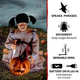 Haunted Hill Farm -  Lunging Pumpkin Carver Zombie Girl with Jack O'Lantern by Tekky, Premium Talking Halloween Animatronic, Plug-In or Battery