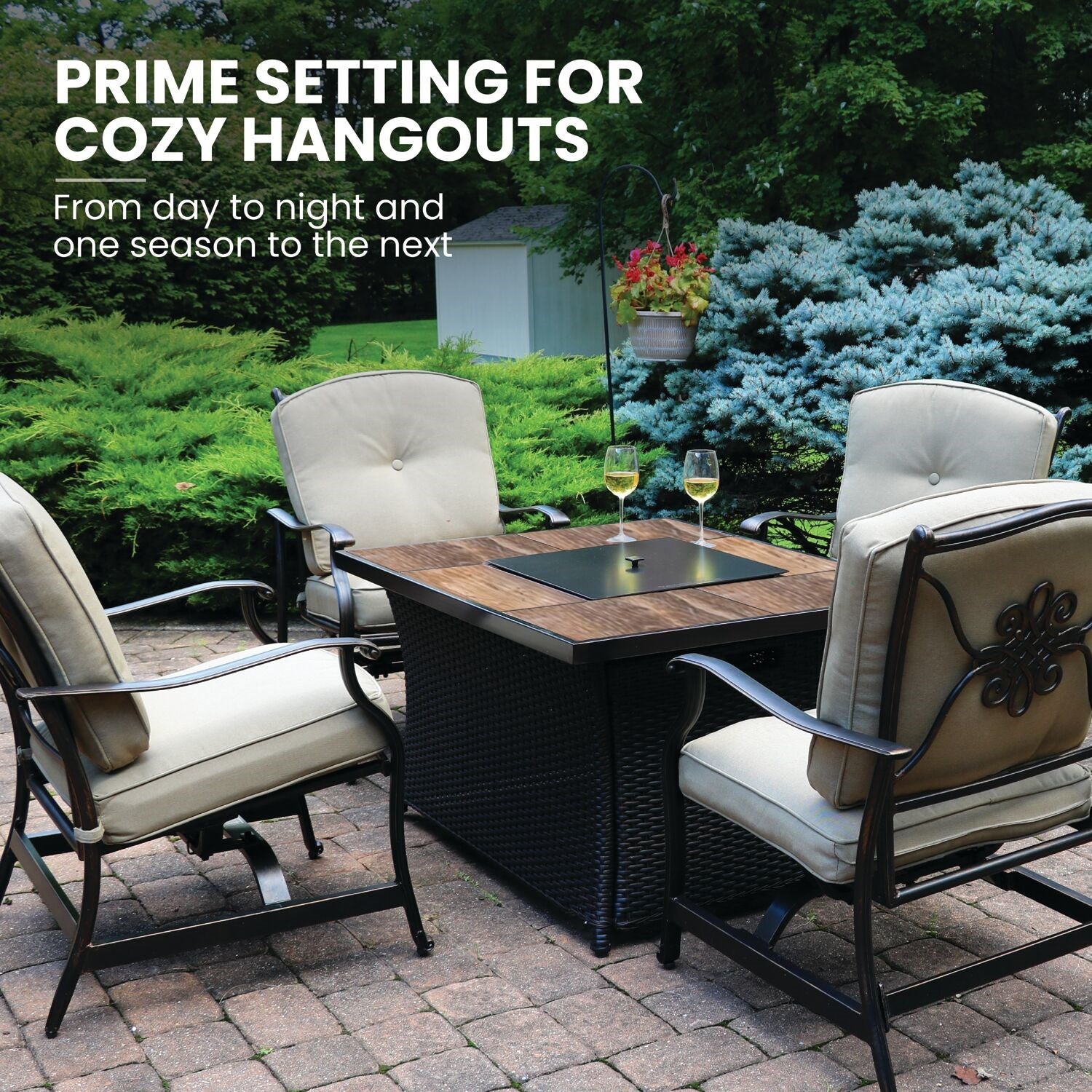 Hanover - Traditions 5 piece: 4 Deep Seating Rockers and Woven Fire Pit with Wood Tile Top - TRAD5PCWVFP-WG