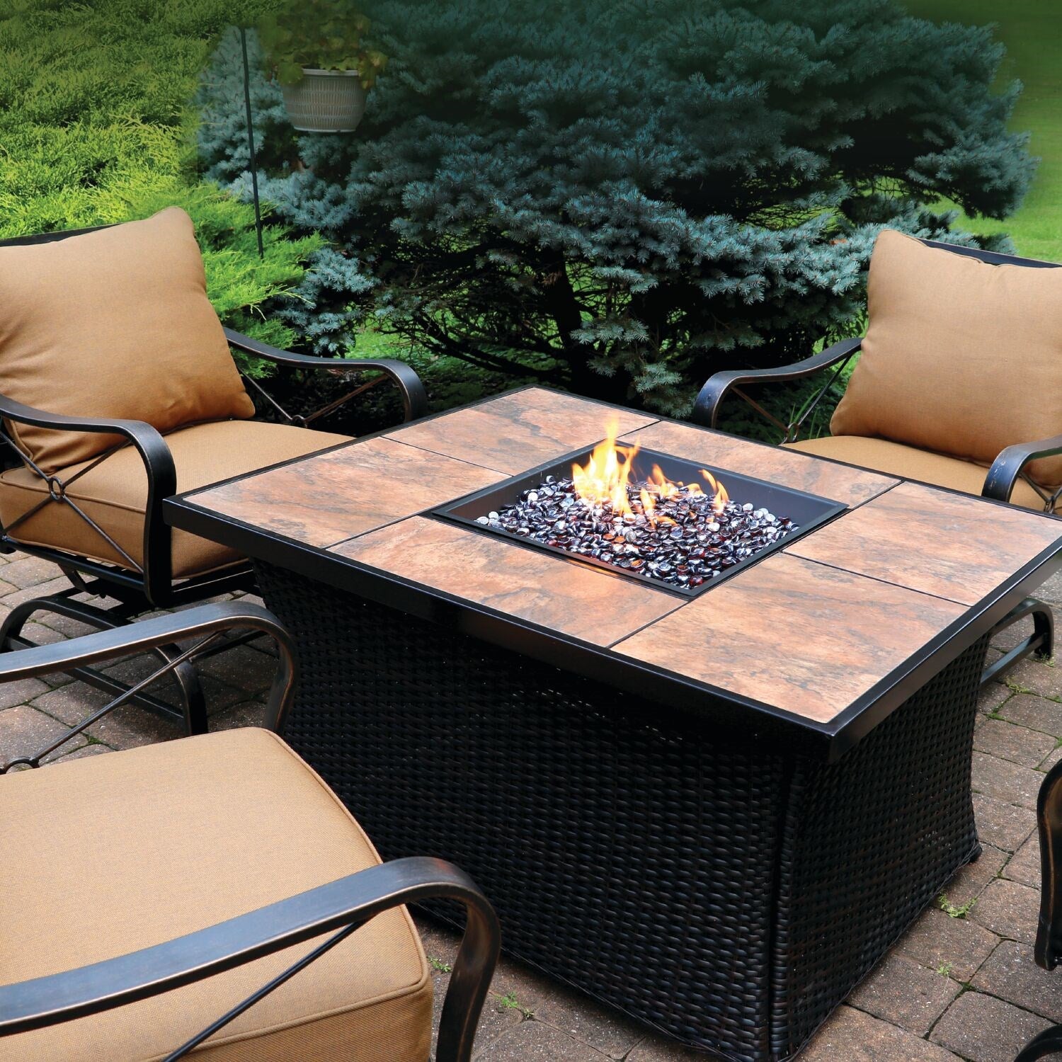 Hanover - Summer Nights 5 piece Fire Pit: 4 cushion rockers, woven fire pit with tile top - SUMMR5PCWVFP-TL