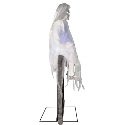 Haunted Hill Farm - Motion-Activated Sitting Tombstone Girl by Tekky, Premium Talking Halloween Animatronic, Plug-In or Battery