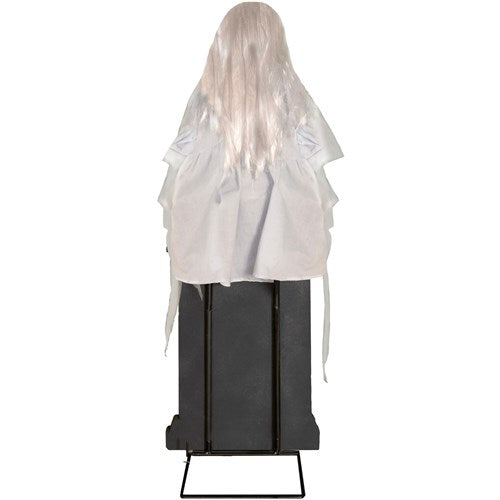 Haunted Hill Farm - Motion-Activated Sitting Tombstone Girl by Tekky, Premium Talking Halloween Animatronic, Plug-In or Battery