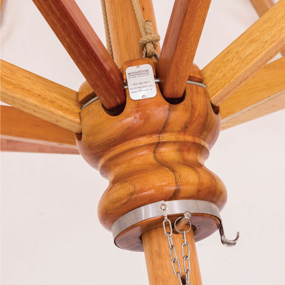 Woodline - 11.5’ Round Pulley Lift Umbrella, Aluminum/Eucalyptus - Bravura, Easilift, Safari, Pacific, Elegance - SA35RE