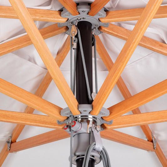 Woodline - 8’ Square Pulley Lift Umbrella, Aluminum/Eucalyptus - Easilift, Pacific, Elegance - SW25R