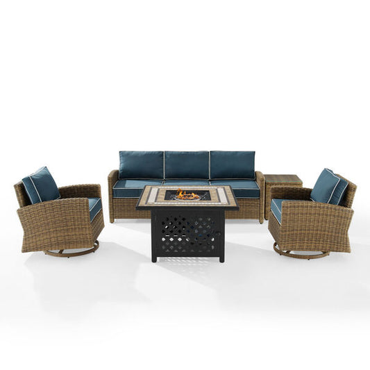 Crosley Furniture - Bradenton 5Pc Swivel Rocker And Sofa Set W/Fire Table Navy/Weathered Brown - Tucson Fire Table, Sofa, Side Table, & 2 Swivel Rockers