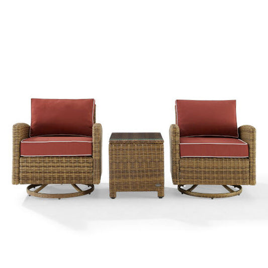 Crosley Furniture - Bradenton 3Pc Outdoor Wicker Swivel Rocker Chair Set Sangria/Weathered Brown - Side Table & 2 Swivel Rockers