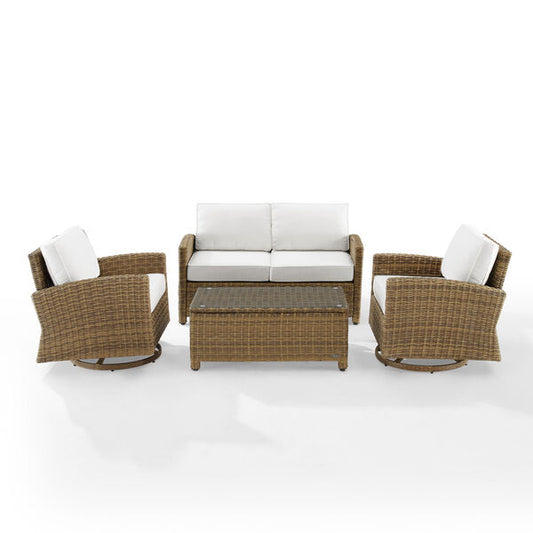 Crosley Furniture - Bradenton 4Pc Swivel Rocker Conversation Set- Sunbrella White/Weathered Brown - Coffee Table, Loveseat, & 2 Swivel Rockers