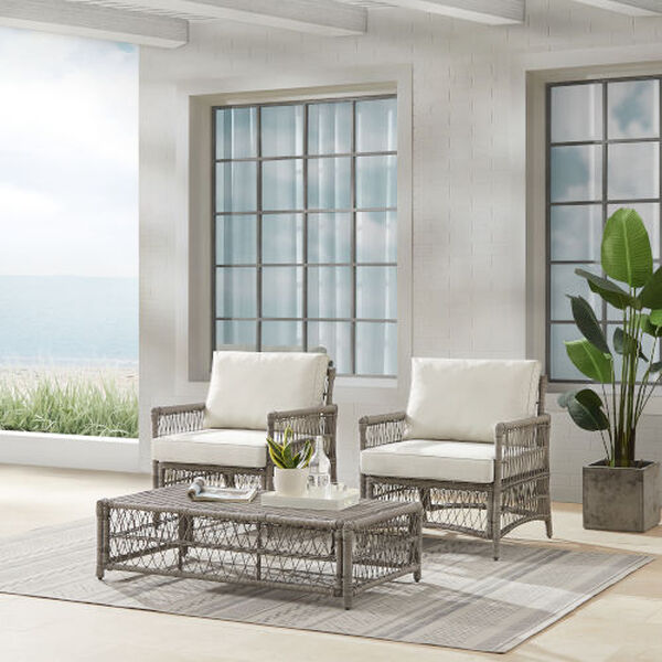 Crosley Furniture - Thatcher 3Pc Outdoor Wicker Armchair And Ottoman Set Creme/Driftwood - Coffee Table Ottoman & 2 Armchairs