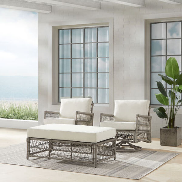 Crosley Furniture - Thatcher 3Pc Outdoor Wicker Swivel Rocker And Ottoman Set Creme/Driftwood - Coffee Table Ottoman & 2 Swivel Rockers