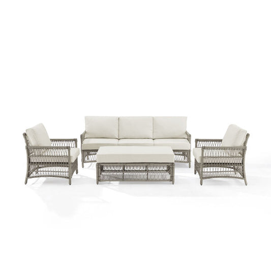 Crosley Furniture - Thatcher 4Pc Outdoor Wicker Sofa Set Creme/Driftwood - Coffee Table Ottoman, Sofa, & 2 Armchairs