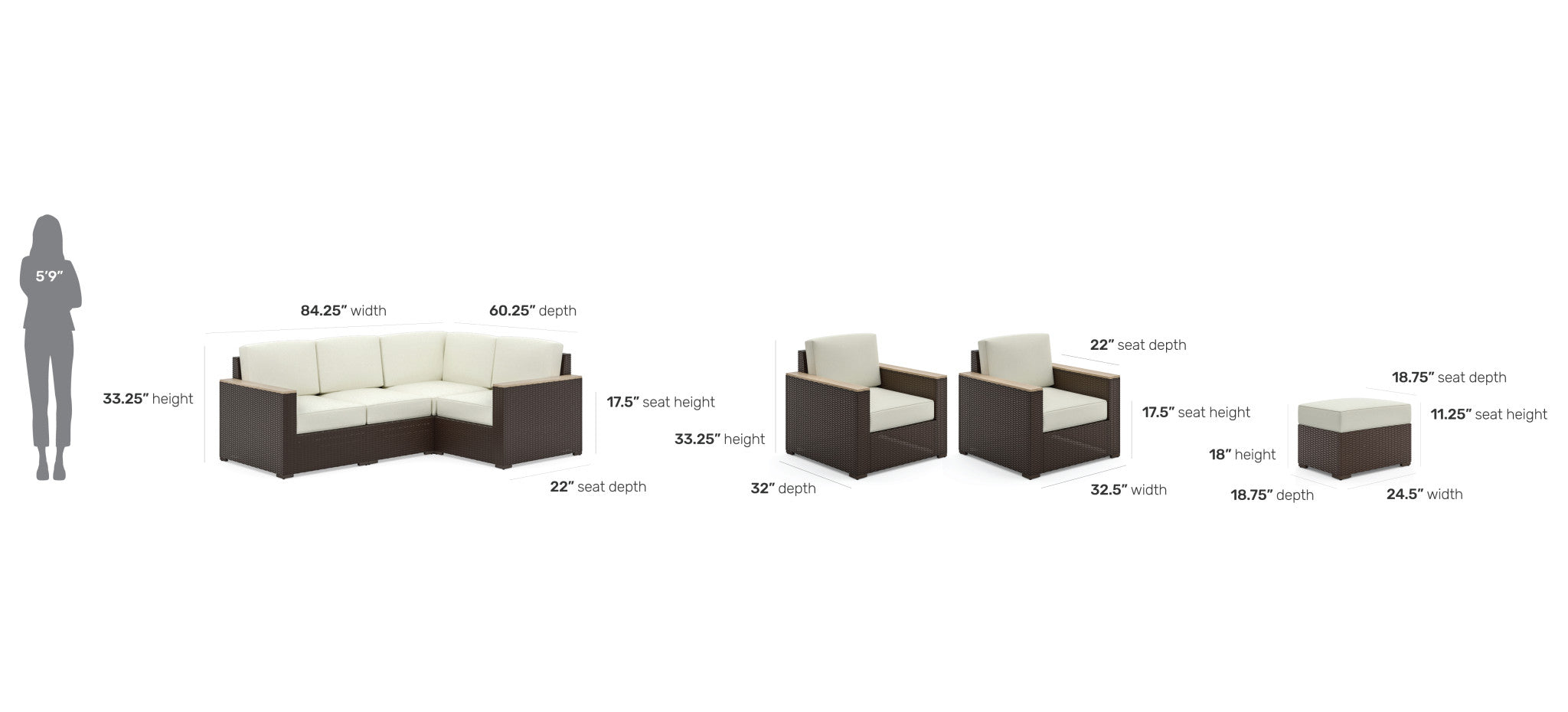 Palm Springs Outdoor 4 Seat Sectional, Arm Chair Pair and Ottoman by Homestyles - Brown - Rattan - 6800-411D9-T