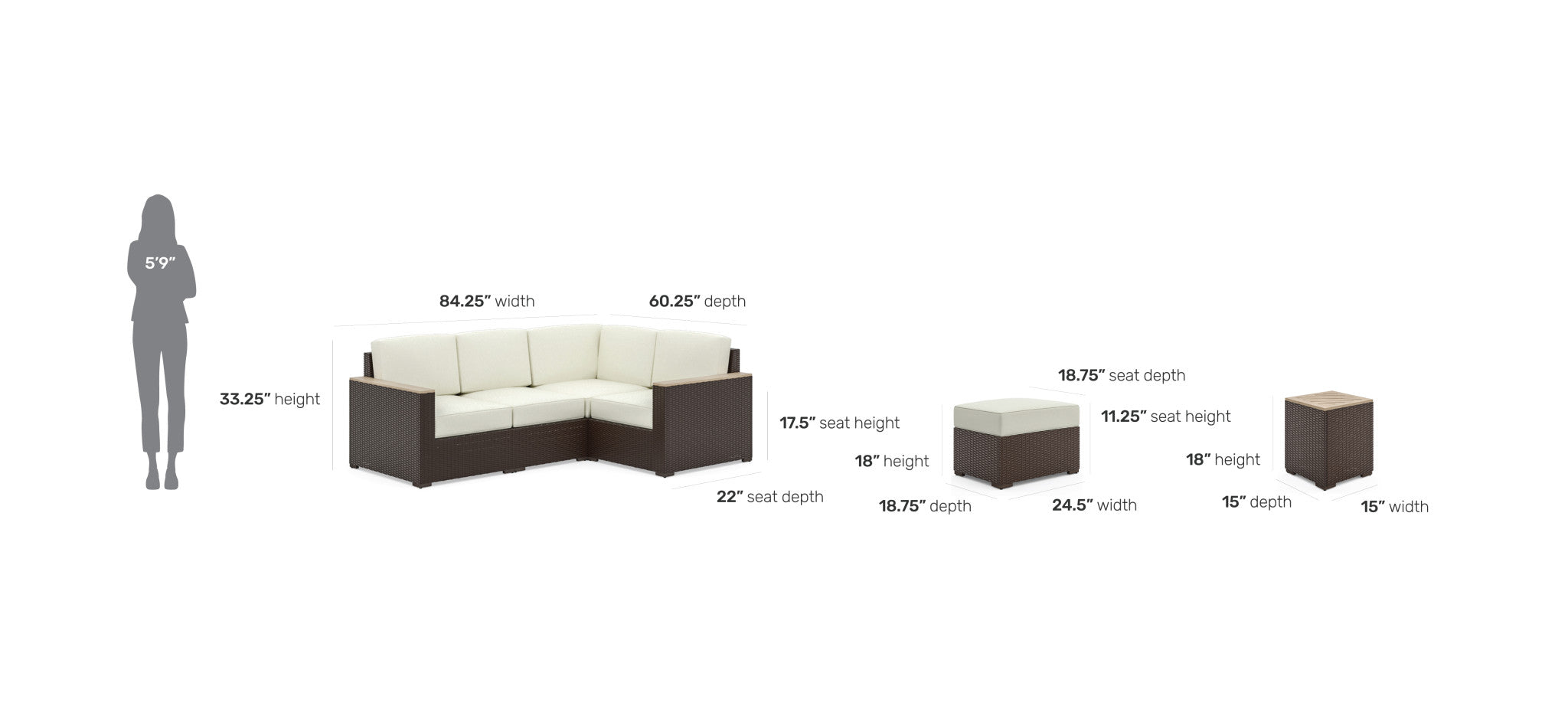 Palm Springs Outdoor 4 Seat Sectional, Ottoman and Side Table by Homestyles - Brown - Rattan - 6800-49-T