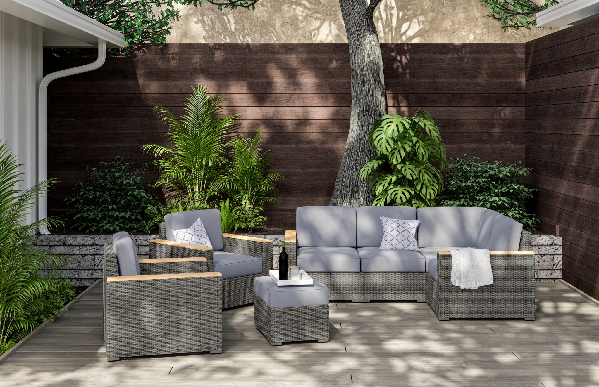 Boca Raton Outdoor 4 Seat Sectional, Arm Chair Pair and Ottoman by Homestyles - Brown - Rattan - 6801-411D9-T