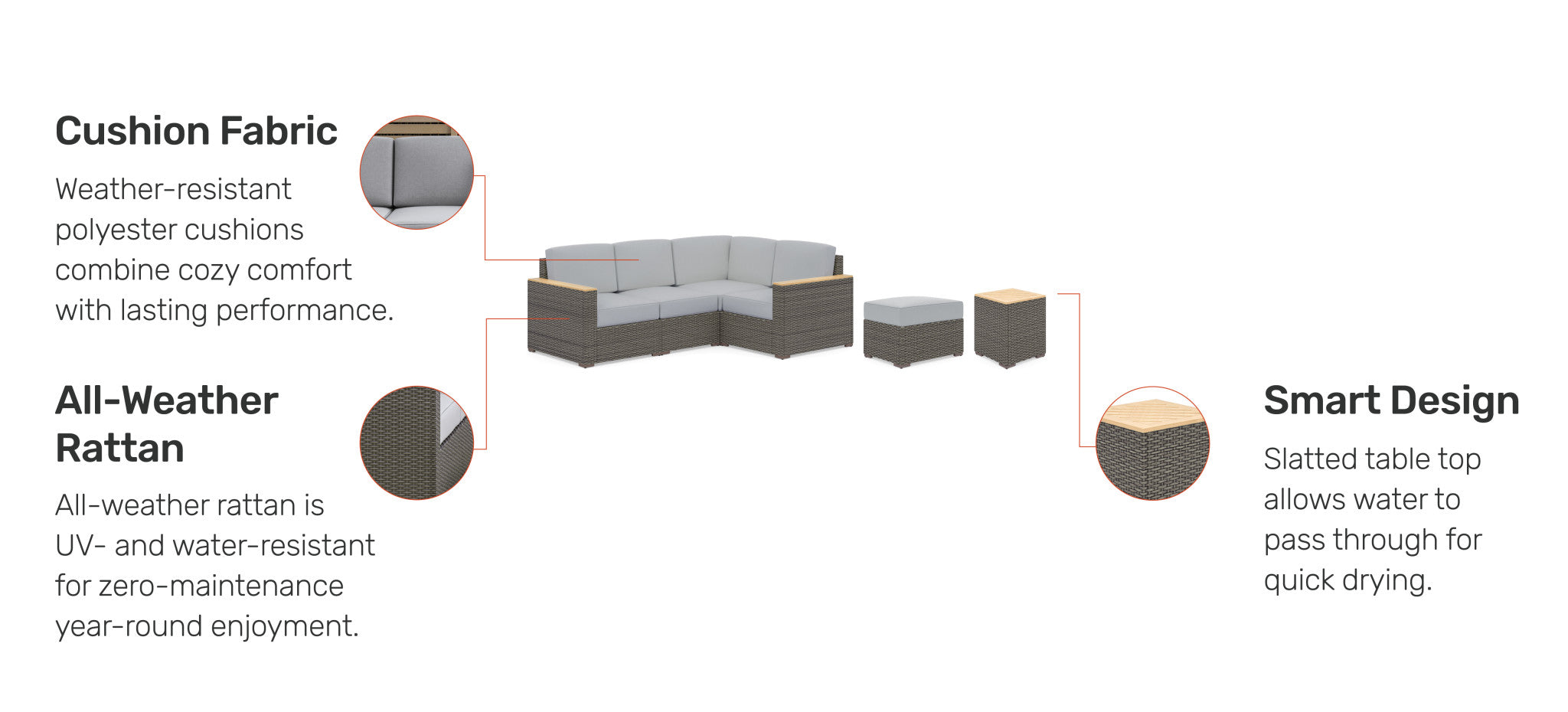Boca Raton Outdoor 4 Seat Sectional, Ottoman and Side Table by Homestyles - Brown - Rattan - 6801-49-T