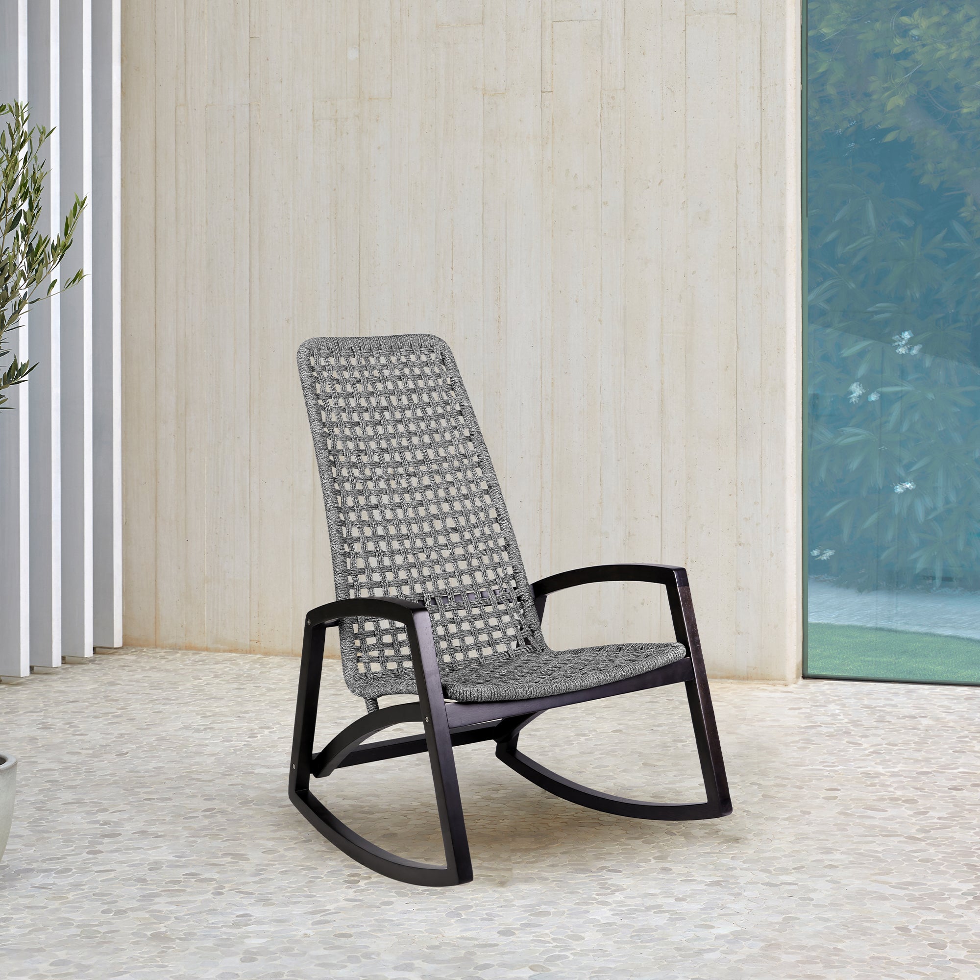 Armen Living - Sequoia Outdoor Patio Rocking Chair in Eucalyptus Wood and Rope - 840254332270