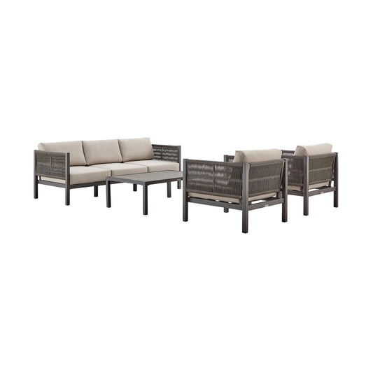 Armen Living - Cuffay 4 Piece Outdoor Patio Furniture Set in Aluminum and Rope with Cushions - 840254332430
