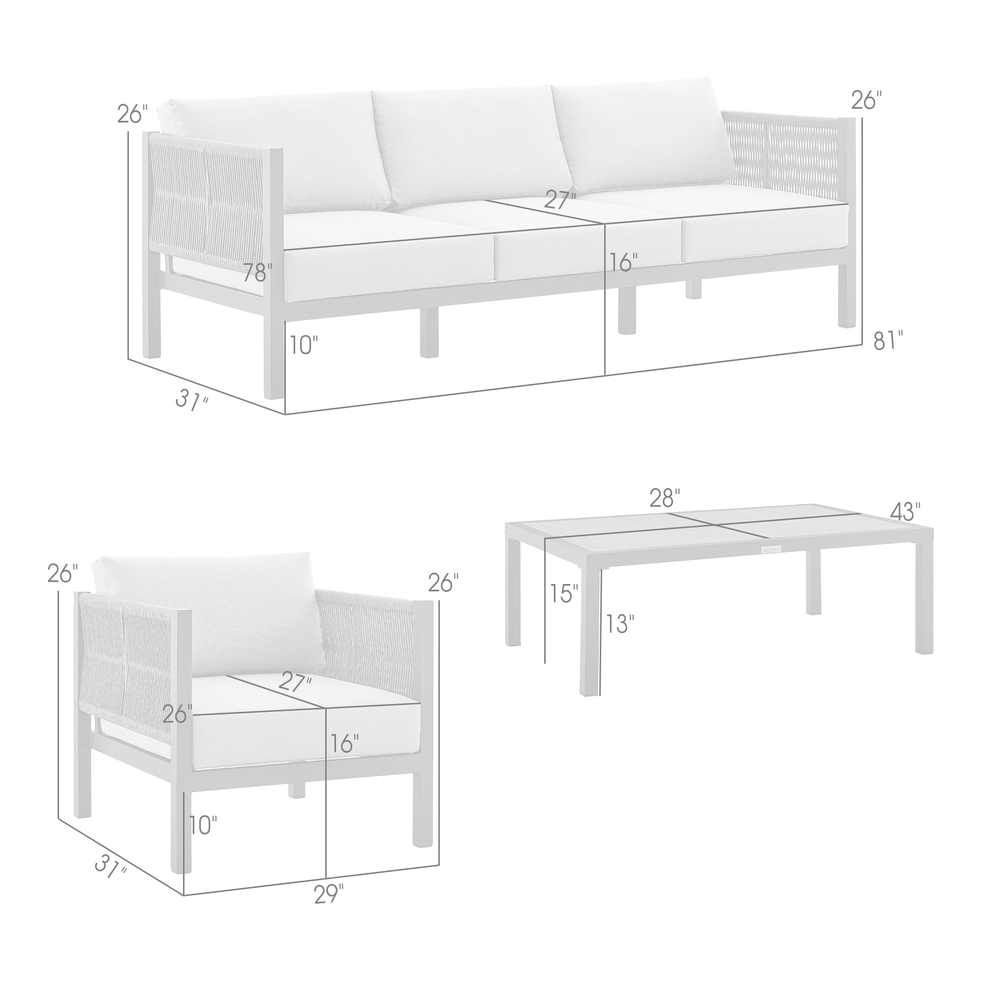 Armen Living - Cuffay 4 Piece Outdoor Patio Furniture Set in Aluminum and Rope with Cushions - 840254332447