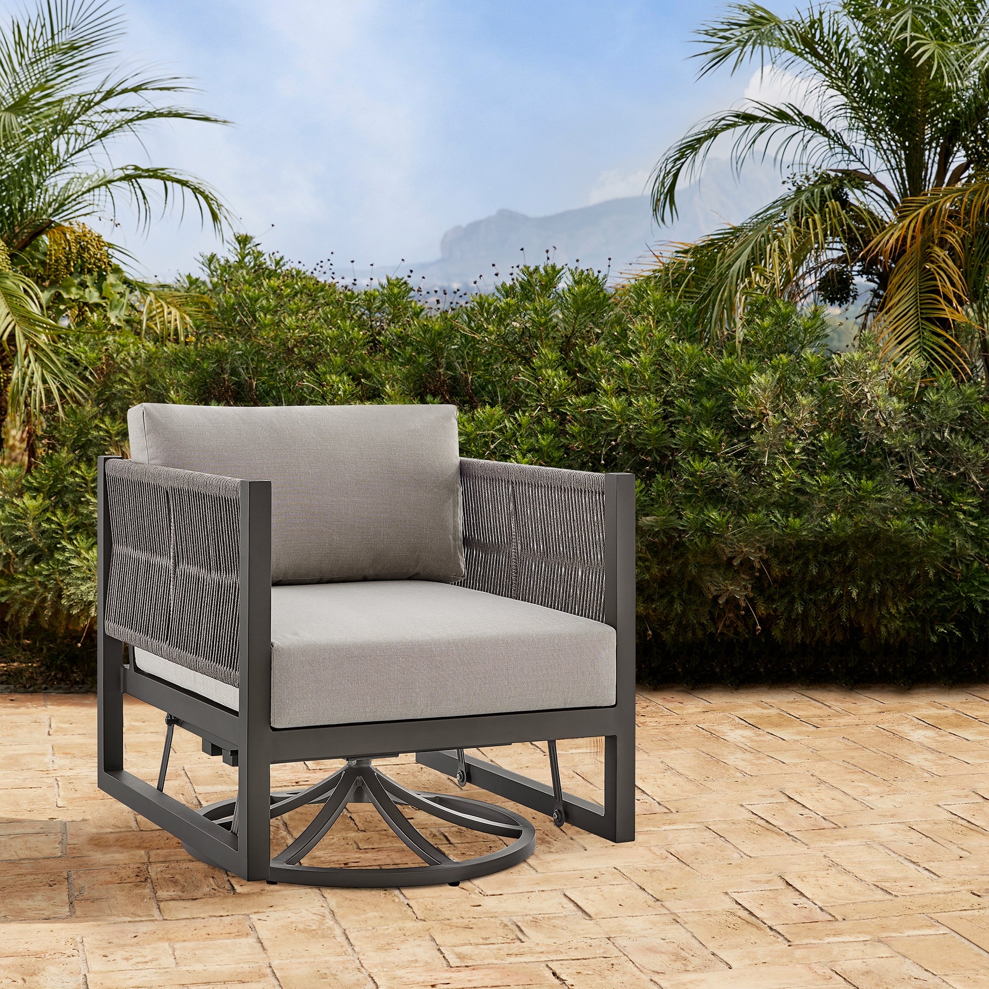 Armen Living - Cuffay Outdoor Patio Swivel Lounge Chair in Aluminum with Rope and Cushions - 840254332461