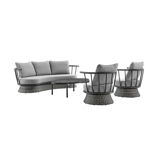 Armen Living - Monk 4 Piece Outdoor Patio Furniture Set in Black Aluminum and Grey Wicker with Grey Cushions - 840254332478