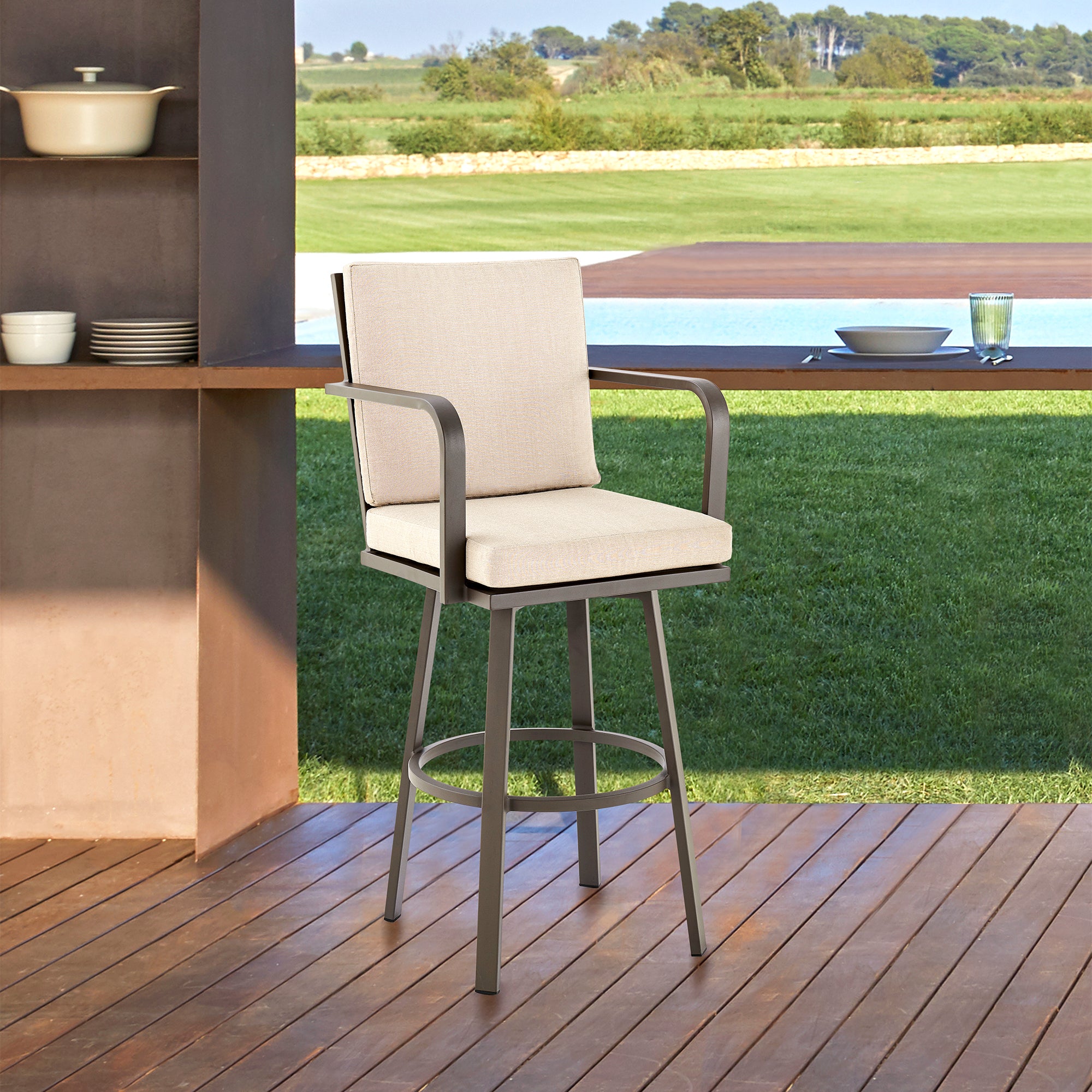 Armen Living - Don Outdoor Patio Bar or Counter Stool in Aluminum with Cushions - 840254332492