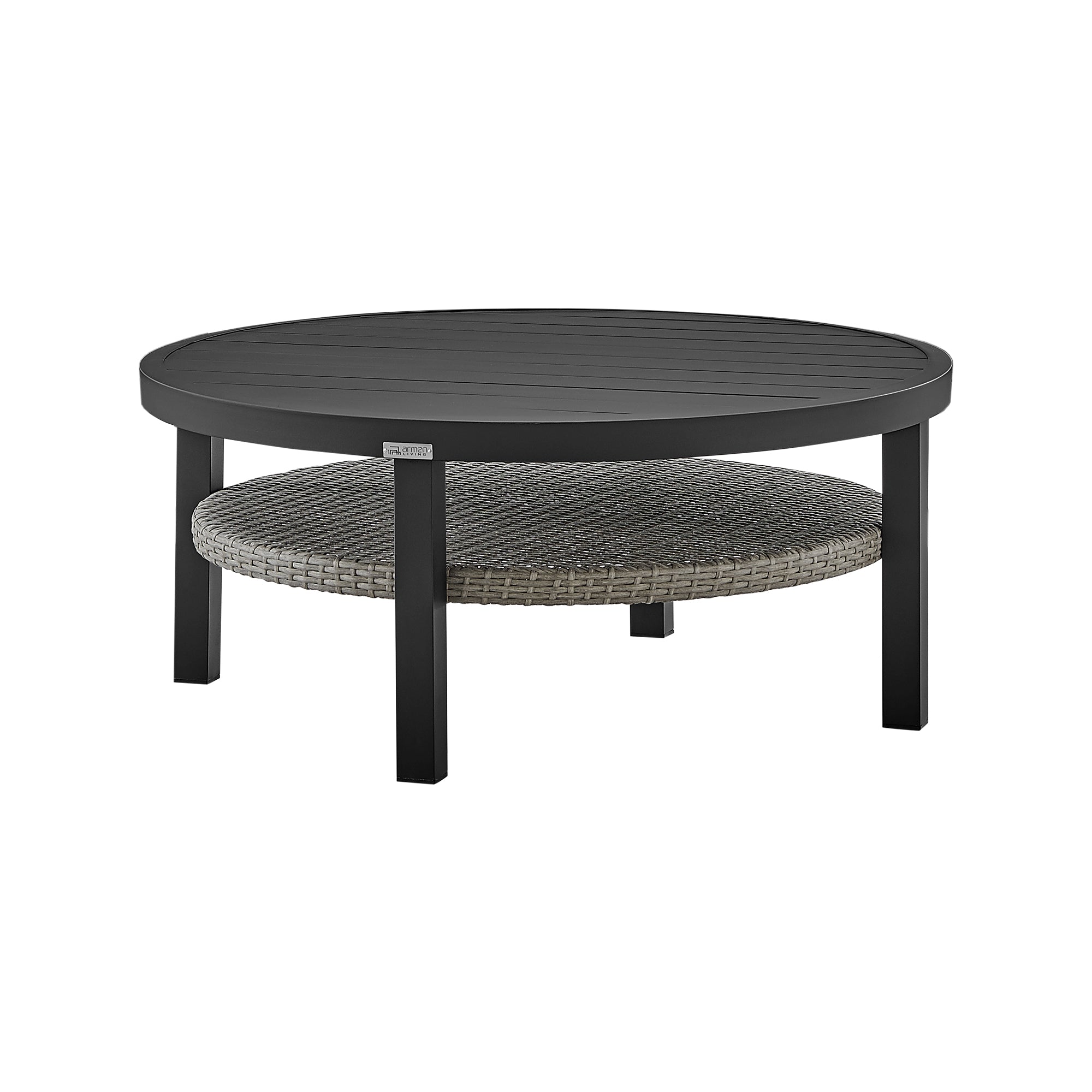 Armen Living - Aileen Outdoor Patio Round Coffee Table in Black Aluminum with Grey Wicker Shelf - 840254332508