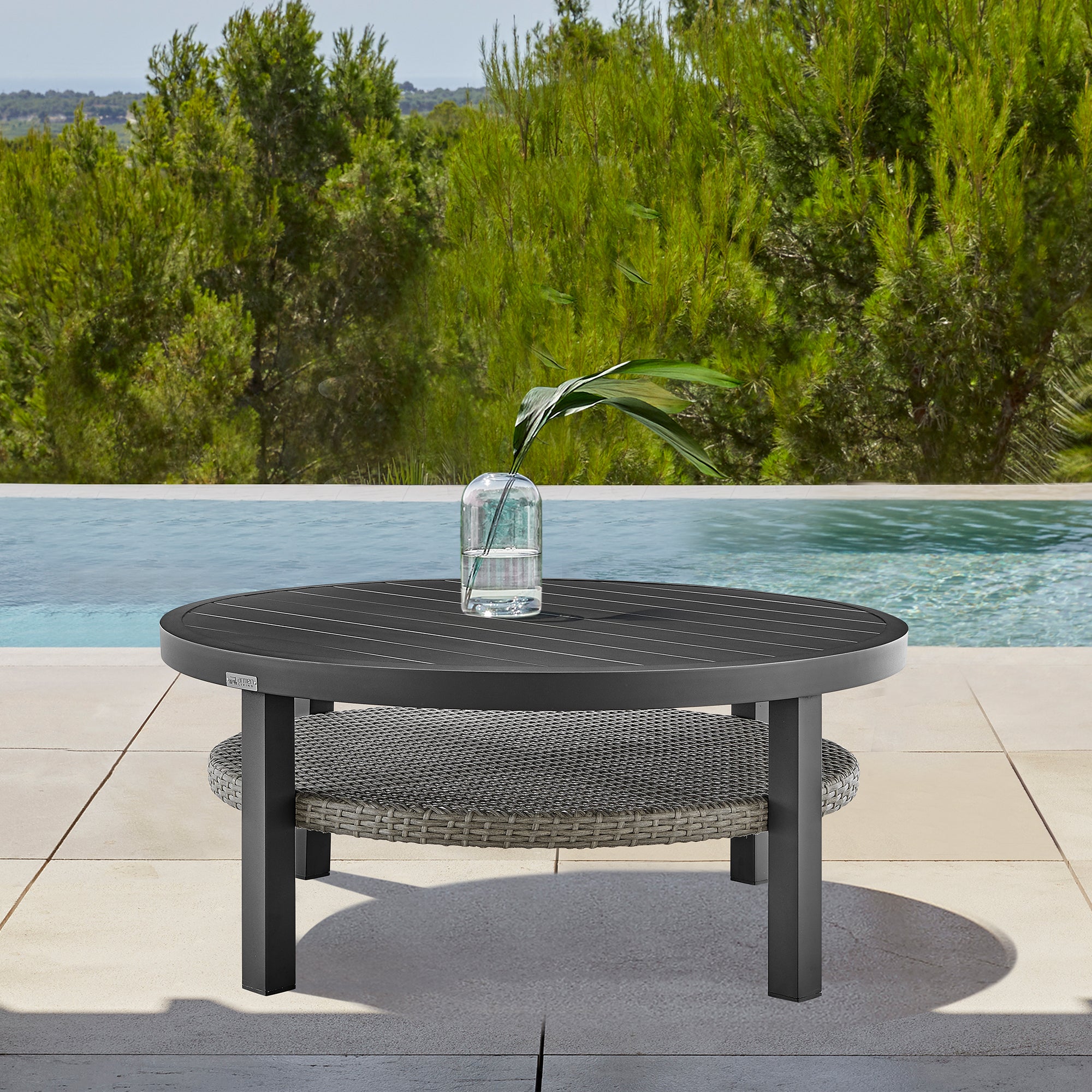 Armen Living - Aileen Outdoor Patio Round Coffee Table in Black Aluminum with Grey Wicker Shelf - 840254332508