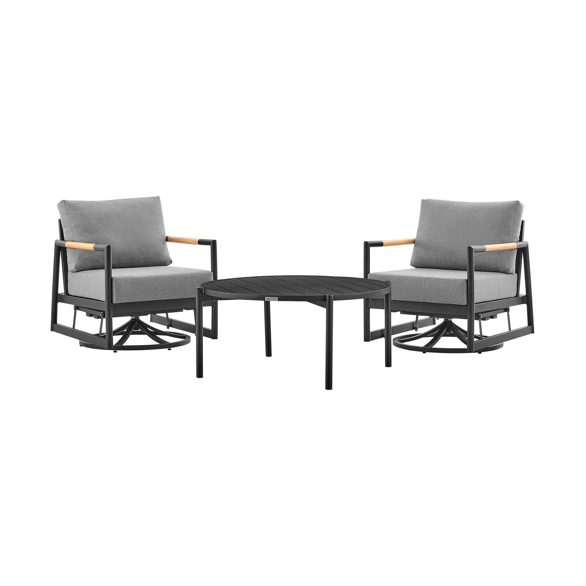 Armen Living - Royal and Tiffany 3 Piece Outdoor Patio Swivel Seating Set in Black Aluminum with Teak Wood and Grey Cushions - 840254332614