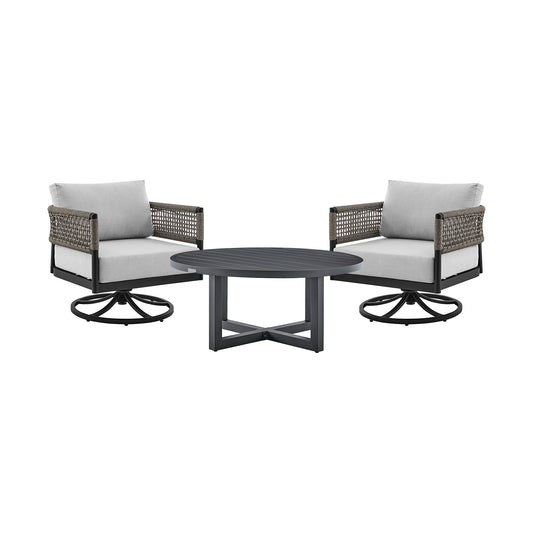 Armen Living - Felicia and Argiope 3 Piece Patio Outdoor Swivel Seating Set in Black Aluminum with Grey Rope and Cushions - 840254332621