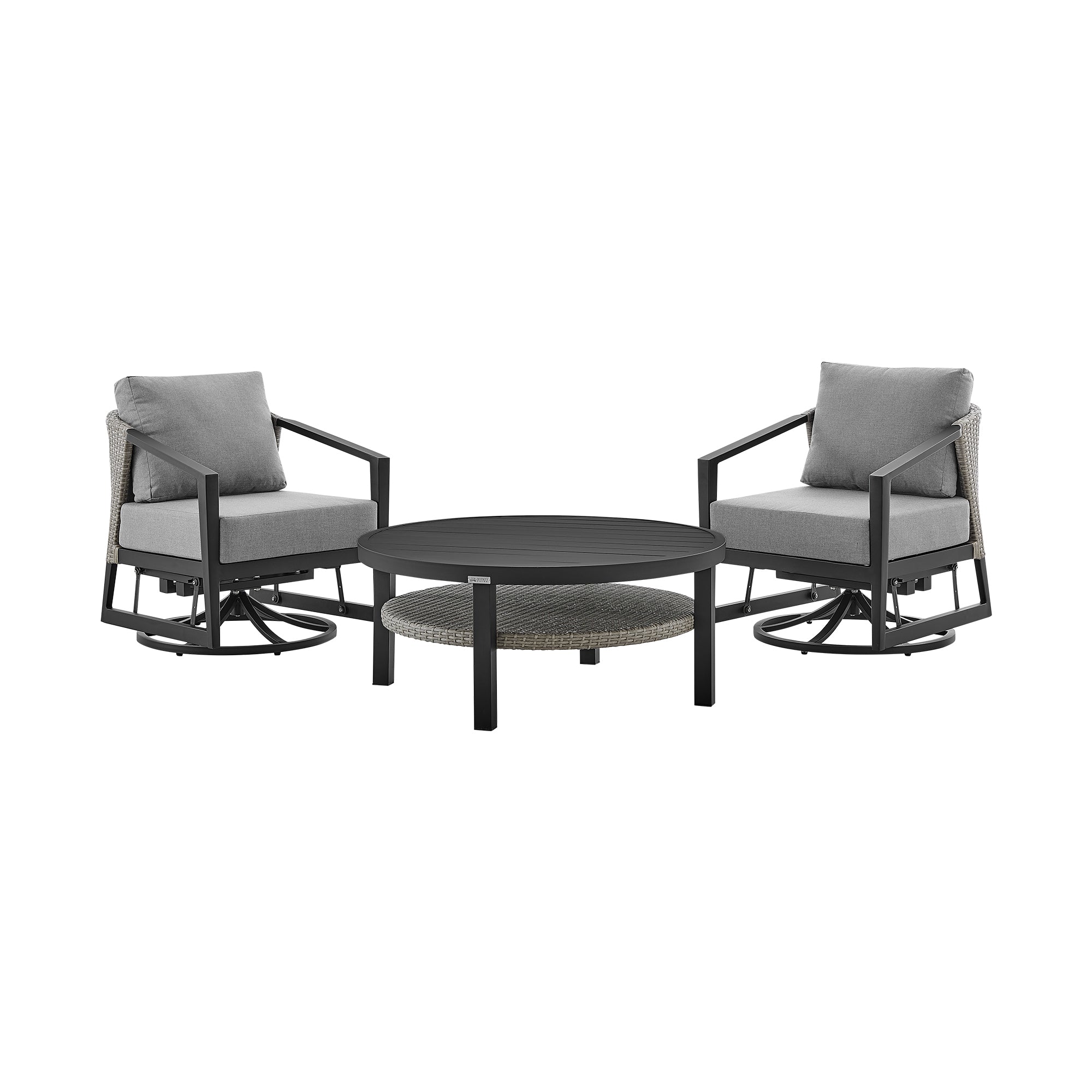 Armen Living - Aileen 3 Piece Patio Outdoor Swivel Seating Set in Black Aluminum with Grey Wicker and Cushions - 840254332645