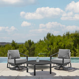Armen Living - Aileen 3 Piece Patio Outdoor Swivel Seating Set in Black Aluminum with Grey Wicker and Cushions - 840254332645