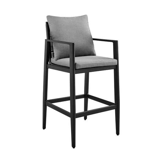 Armen Living - Grand Outdoor Patio Counter or Bar Height Bar Stool in Aluminum with Grey Cushions - 840254332652