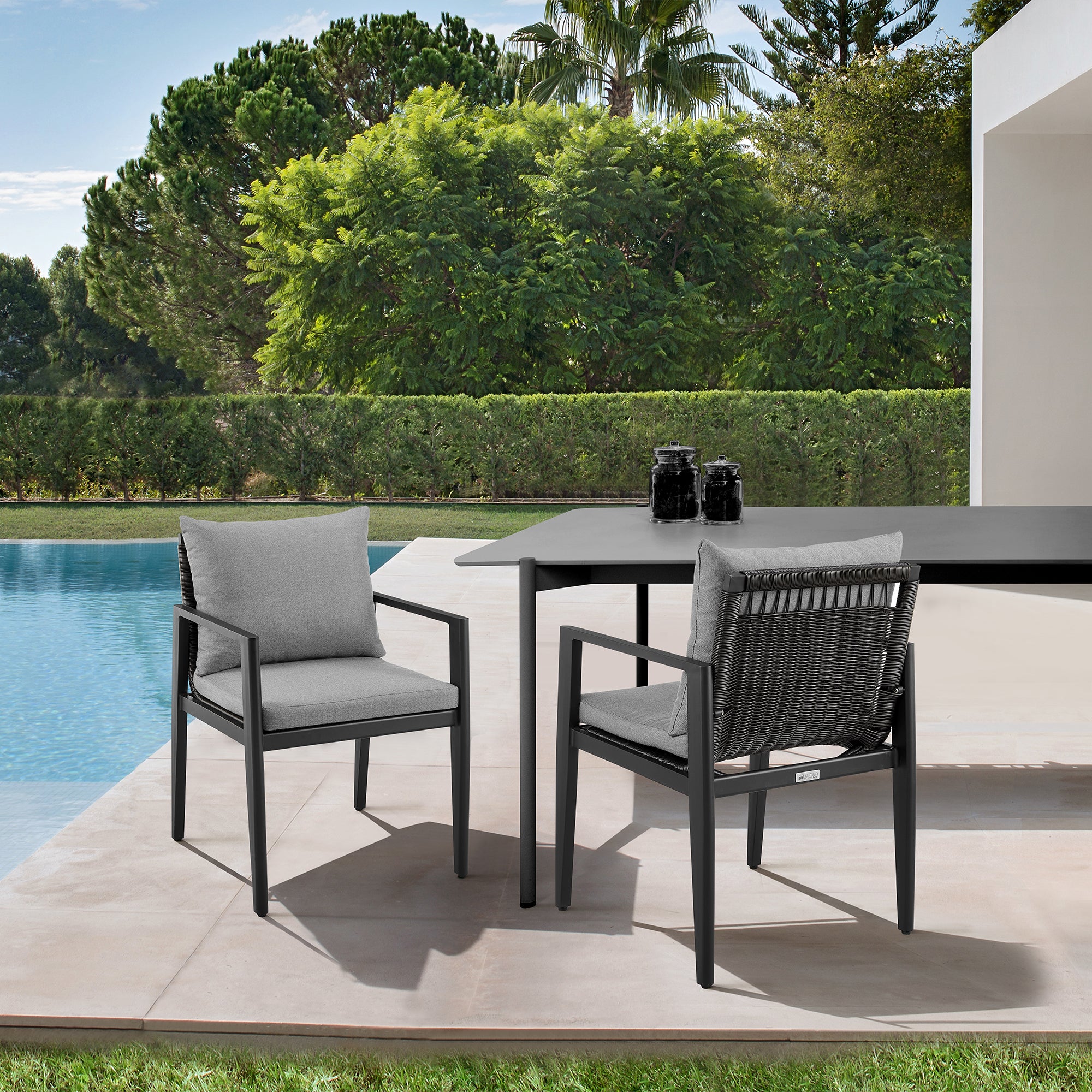 Armen Living - Grand Outdoor Patio Dining Chairs with Arms in Aluminum with Grey Cushions - Set of 2 - 840254332683
