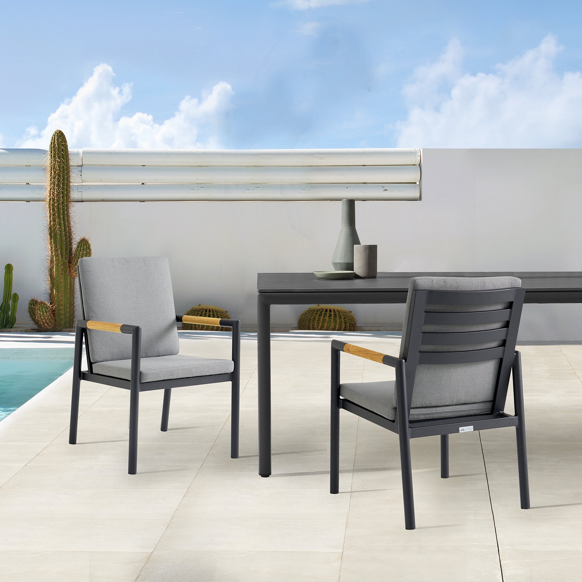 Armen Living - Royal Black Aluminum and Teak Outdoor Dining Chair with Dark Gray Fabric - Set of 2 - 840254332782