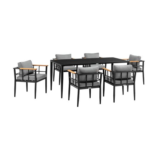 Armen Living - Beowulf Outdoor Patio 7-Piece Dining Table Set in Aluminum and Teak with Grey Cushions - 840254332904