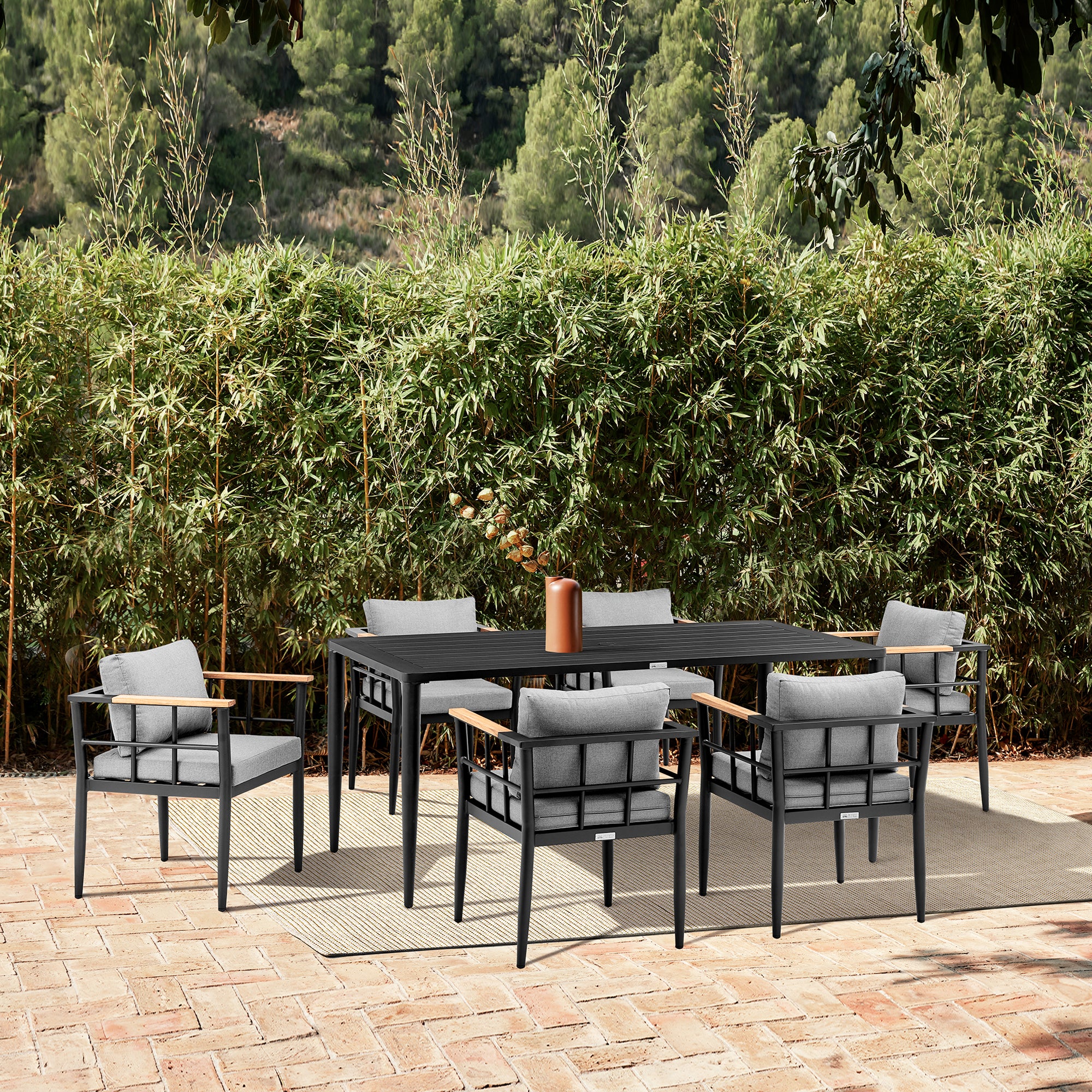 Armen Living - Beowulf Outdoor Patio 7-Piece Dining Table Set in Aluminum and Teak with Grey Cushions - 840254332904